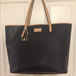 Black Leather Coach Tote with natural accents